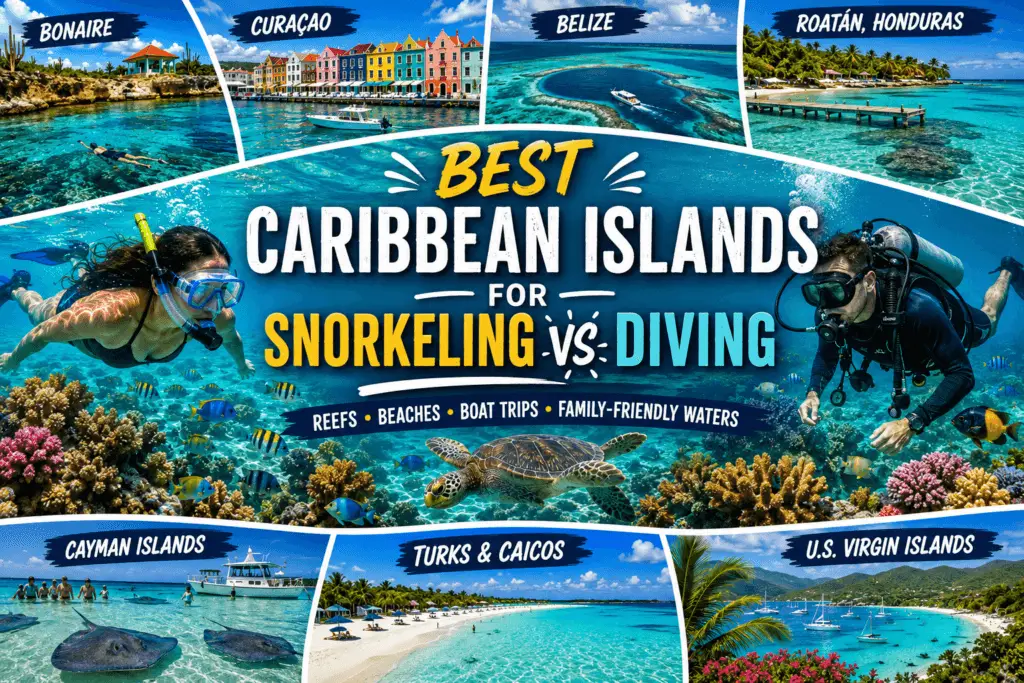 Best Caribbean islands for snorkeling vs diving collage with snorkeler scuba diver coral reefs sea turtles boat trips and turquoise Caribbean water