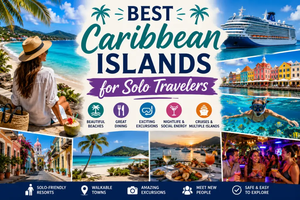Best Caribbean islands for solo travelers collage with beaches resorts dining excursions nightlife cruise ship and turquoise Caribbean water