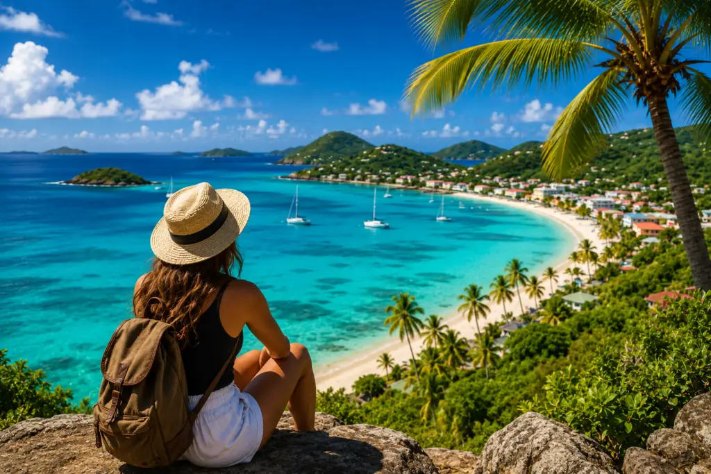Solo traveler looking over a turquoise Caribbean beach with palm trees and tropical islands