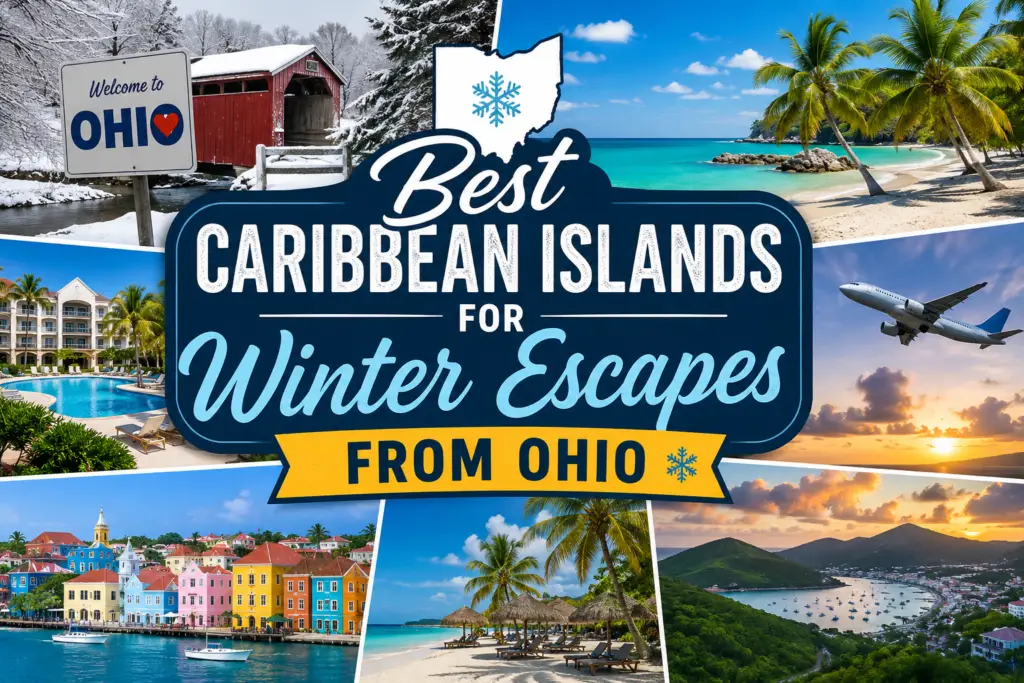 Best Caribbean islands for winter escapes from Ohio collage with snowy Ohio scene beaches resorts flights and turquoise Caribbean water
