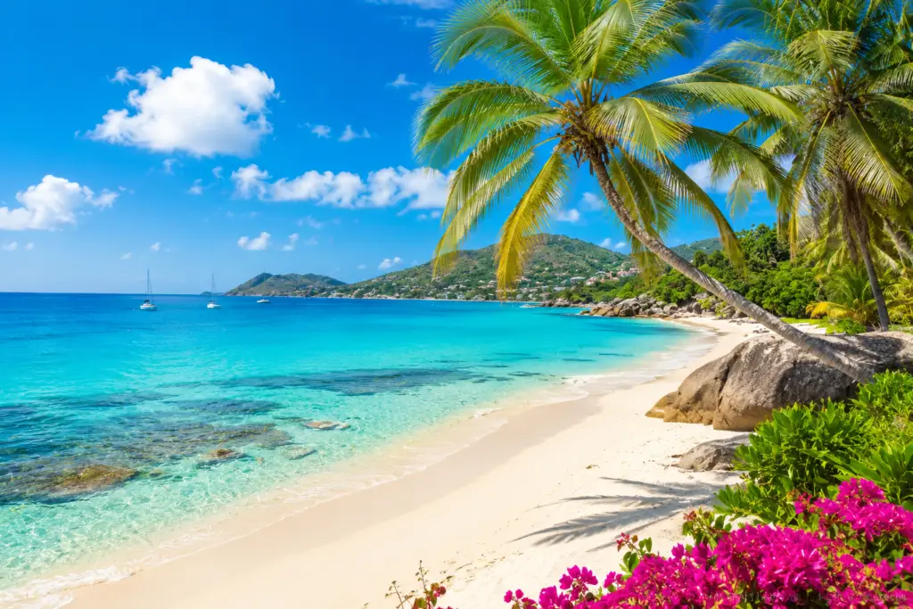 Tropical Caribbean beach with turquoise water and palm trees for Ohio travelers planning a winter escape