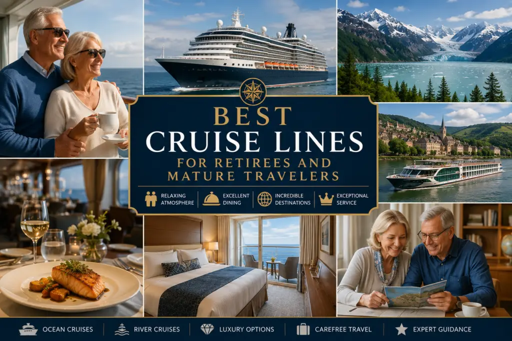 Premium cruise guide collage with mature travelers ocean cruise ship river cruise Alaska scenery luxury dining balcony stateroom and relaxed travel planning