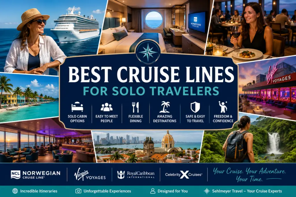 Premium solo cruise travel collage with cruise ship solo cabin dining lounge Caribbean ports excursions adults-only cruising and confident independent travelers