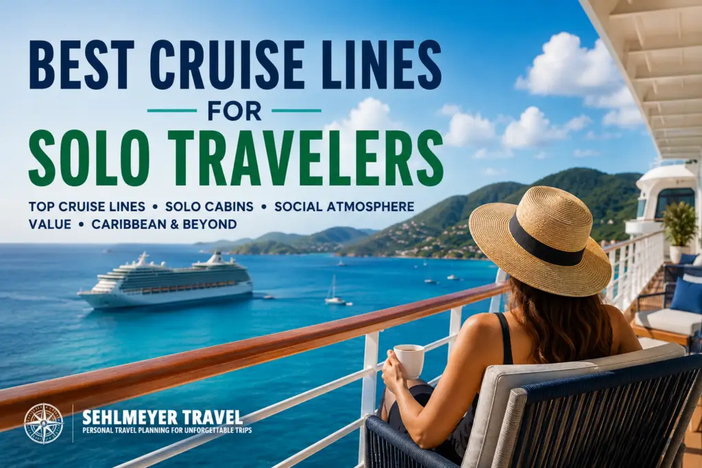 Solo traveler relaxing on a cruise ship deck overlooking turquoise Caribbean water for a solo cruise travel guide