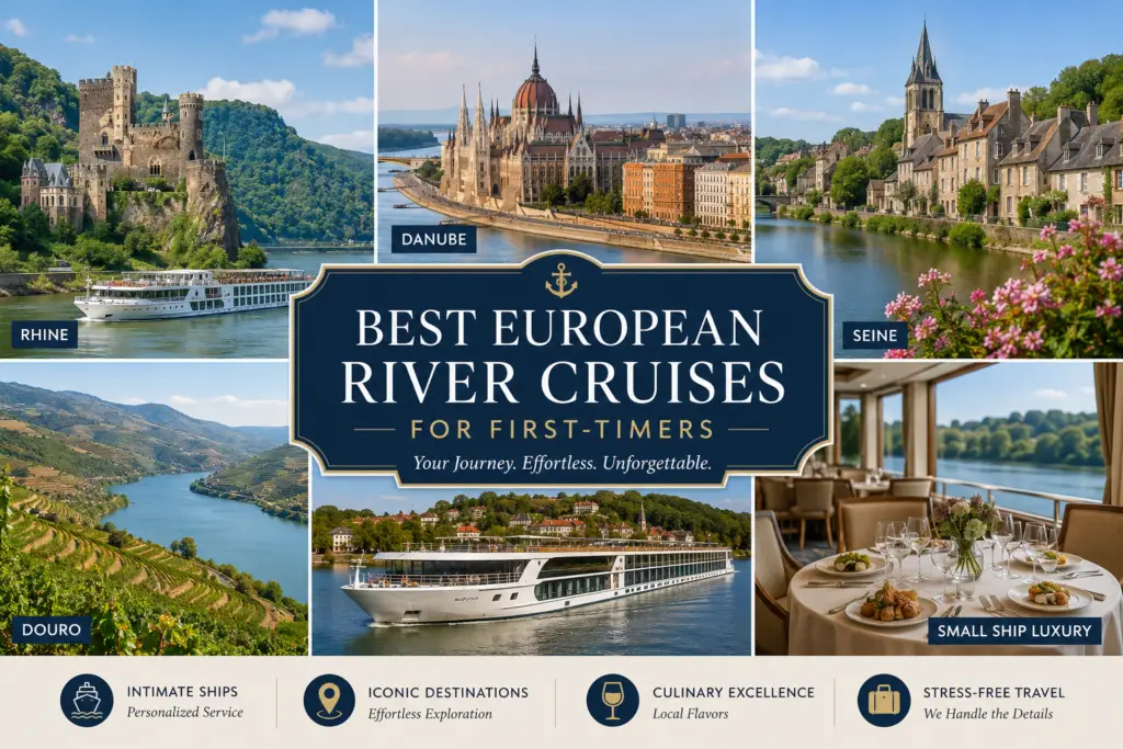 Premium European river cruise collage with Rhine castles Danube cities Seine villages Douro vineyards small ship dining and first time river cruise planning