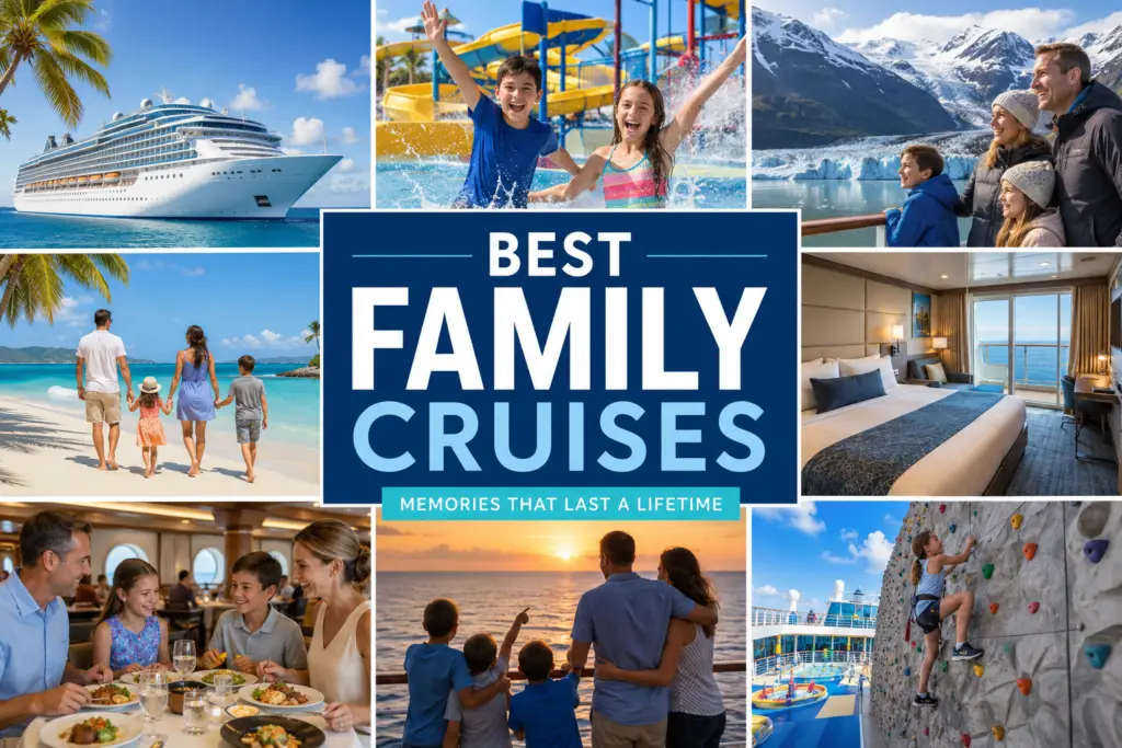 Premium family cruise planning collage with cruise ship kids teens parents Caribbean beaches Alaska scenery pools dining cabins and family activities