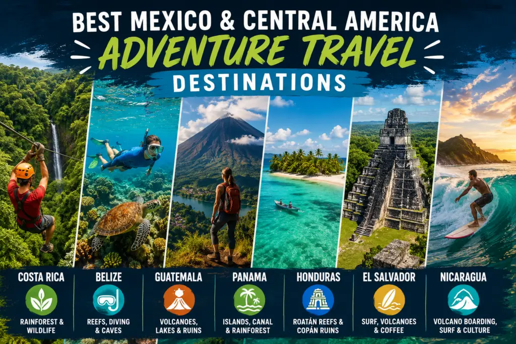 Adventure travel collage with Costa Rica rainforest Belize reef Guatemala volcano Panama islands and Central America outdoor experiences
