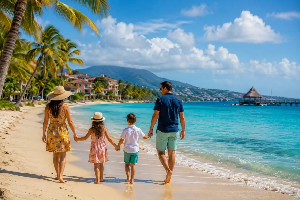 Family walking on a tropical beach in Mexico and Central America with turquoise water palm trees and resort scenery for a family vacation guide