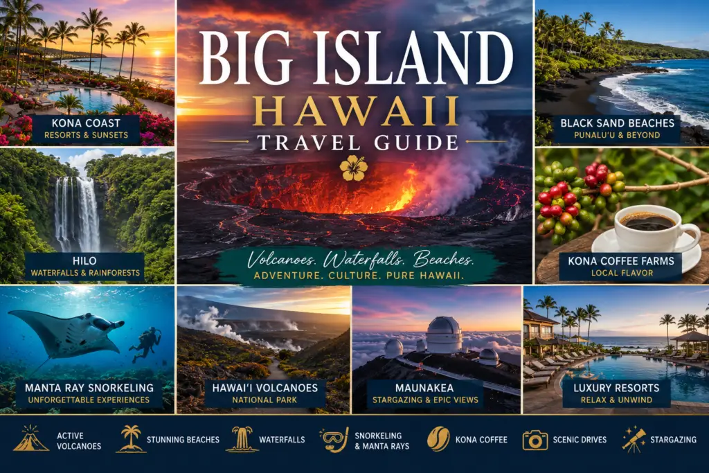 Premium Big Island Hawaii travel guide collage with volcanoes Kona Hilo black sand beaches waterfalls coffee farms manta rays Maunakea and resorts