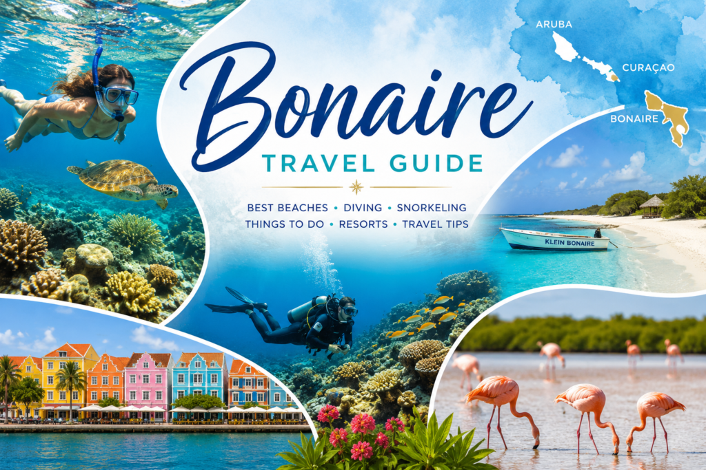 Bonaire travel collage with turquoise Caribbean water snorkeling diving coral reefs Klein Bonaire Kralendijk flamingos and ABC Islands scenery