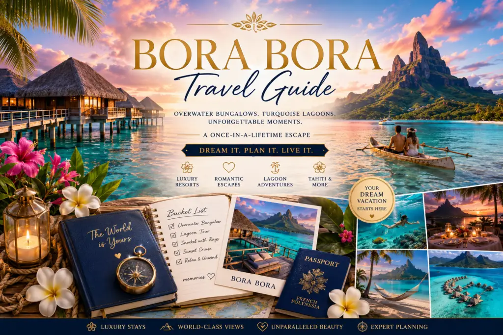 Magical Bora Bora travel guide collage with overwater bungalow turquoise lagoon Mount Otemanu sunset romance and premium vacation planning