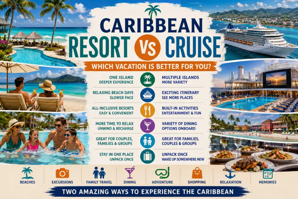 Caribbean resort vs cruise comparison collage with beach resort cruise ship islands dining excursions family travel and turquoise water