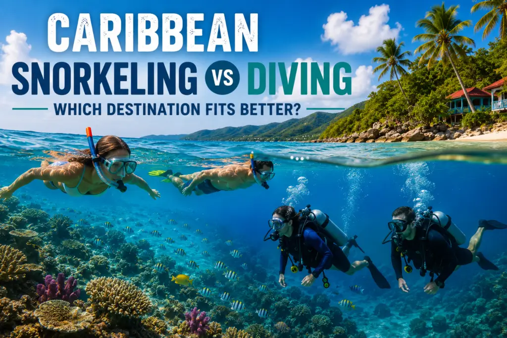 Split view of Caribbean snorkelers near the surface and scuba divers exploring a coral reef for a snorkeling vs diving travel guide
