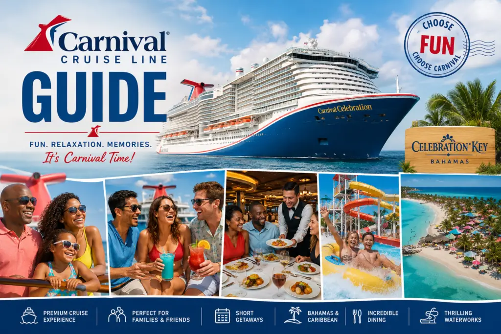 Premium Carnival Cruise Line guide collage with casual cruise ship fun families friends short getaways Bahamas Caribbean dining waterslides and Celebration Key