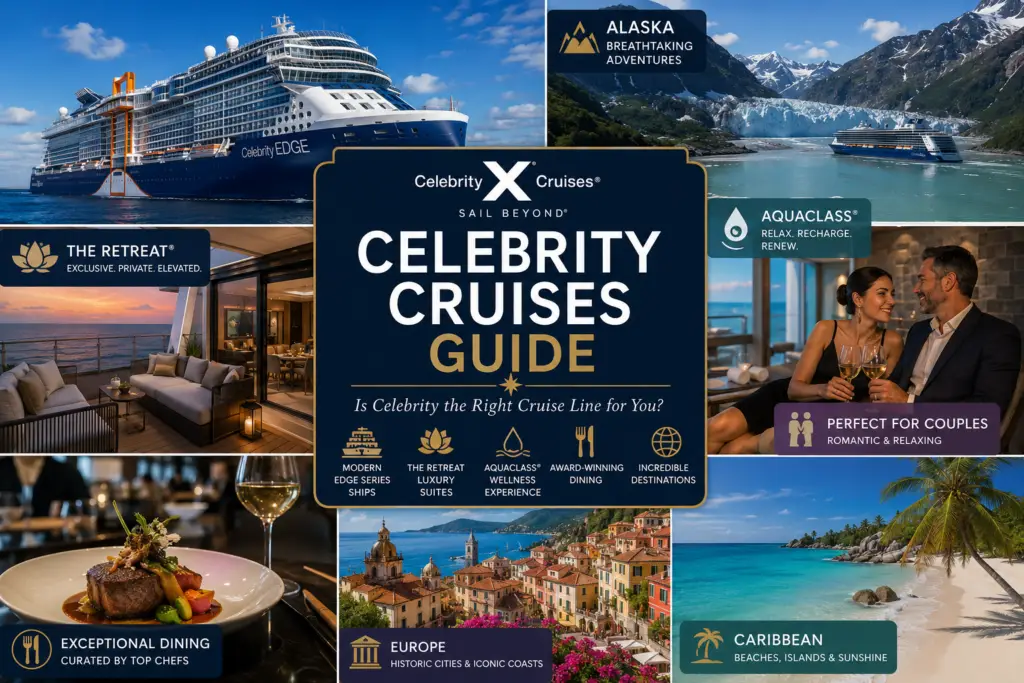 Premium Celebrity Cruises guide collage with modern cruise ship Edge Series The Retreat AquaClass dining couples Alaska Caribbean Europe and premium cruise experience