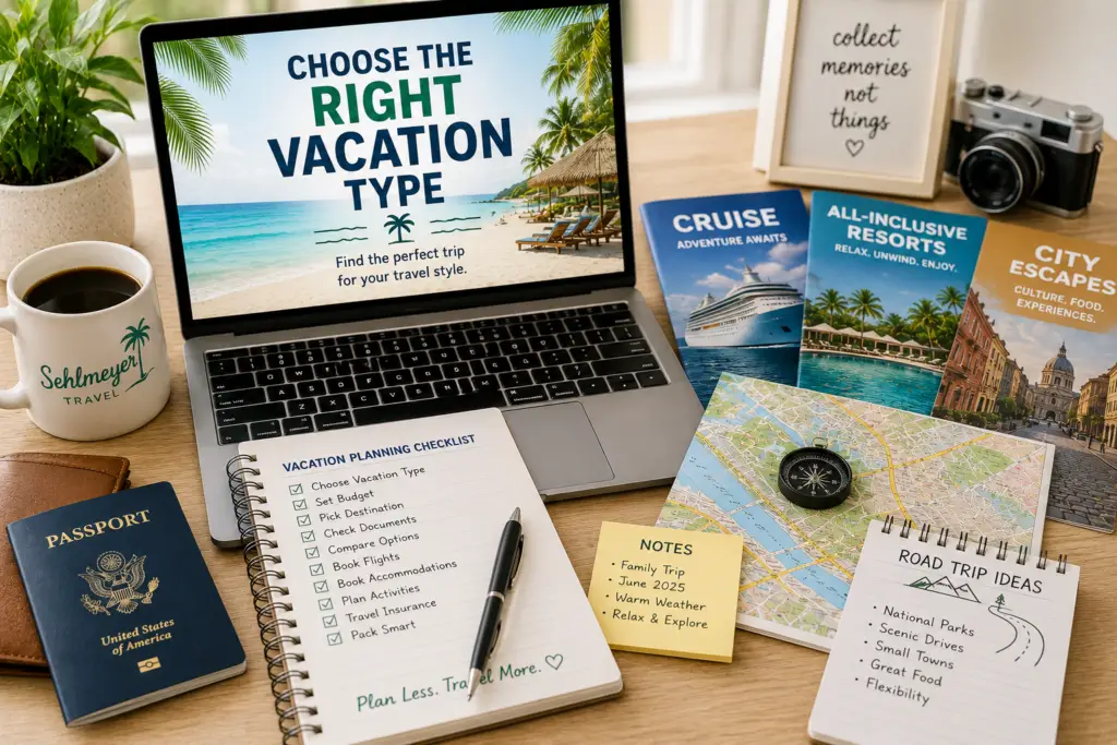Vacation planning desk with laptop cruise brochure resort guide city map road trip notes passport and checklist for choosing the right vacation type