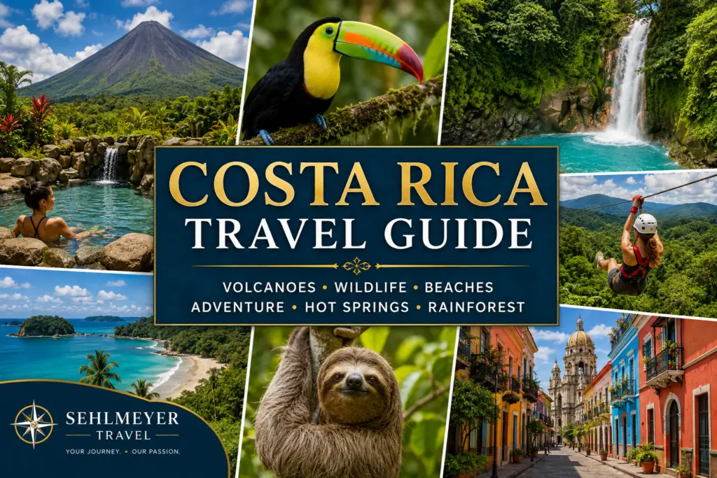 Costa Rica travel collage with rainforest volcano waterfall toucan hot springs beach and adventure scenery for a Costa Rica vacation guide