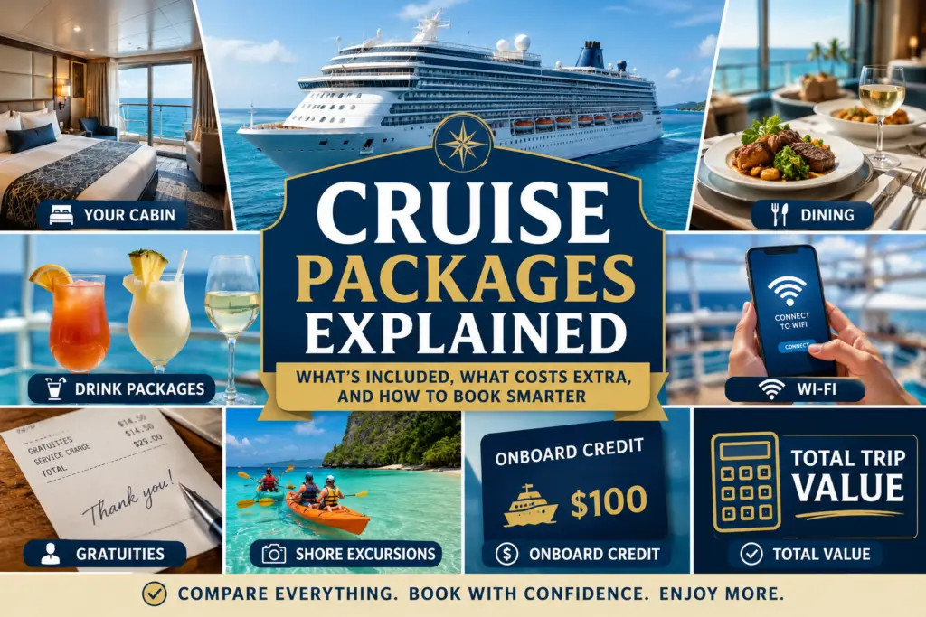 Premium cruise package comparison collage with cruise ship cabin dining drinks Wi-Fi gratuities excursions onboard credit and total trip value