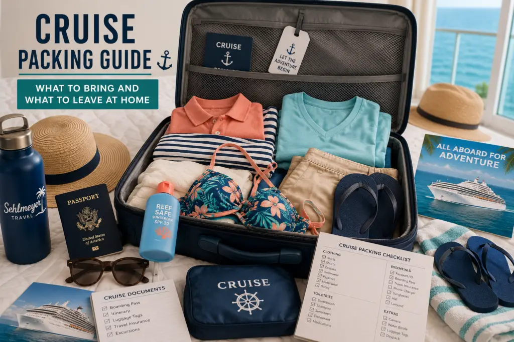 Open suitcase with cruise clothes passport sunscreen luggage tags and travel essentials for a cruise packing guide