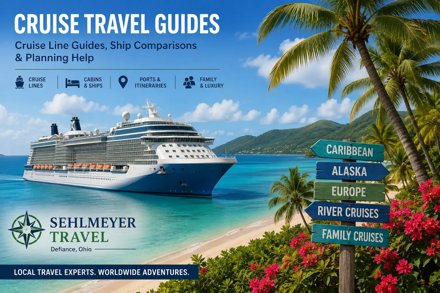 Cruise travel guides collage with cruise ship, ocean map, Caribbean and Alaska routes, ports, cabins, family cruises, luxury cruises, river cruises, and Sehlmeyer Travel planning