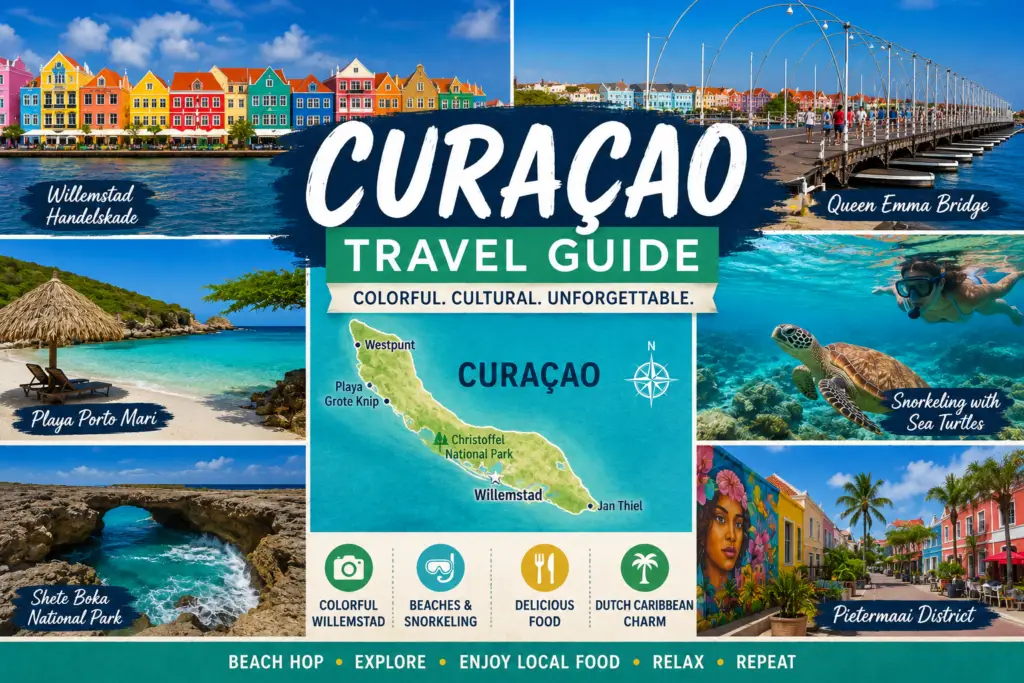 Curaçao travel collage with colorful Willemstad Handelskade Queen Emma Bridge turquoise beaches snorkeling sea turtles island map and Caribbean scenery