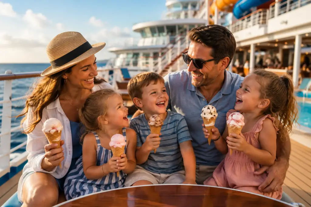 Premium family cruise guide collage with elegant cruise ship, family dining, kids clubs, island beach day, staterooms, entertainment, and magical family cruise moments