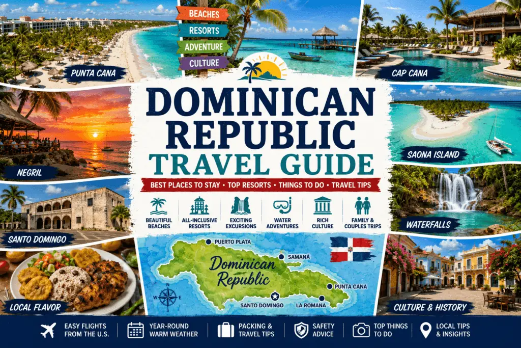 Dominican Republic travel collage with Punta Cana beaches Bavaro resorts Cap Cana Saona Island waterfalls Santo Domingo island map and Caribbean scenery