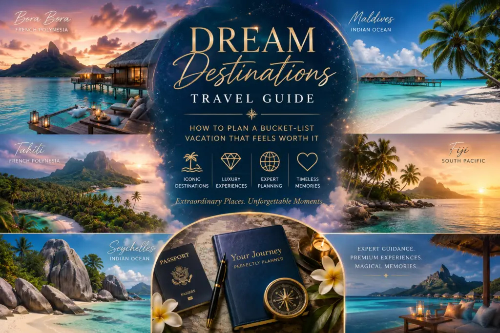 Luxury dream destinations editorial collage with Bora Bora overwater bungalow Maldives beach Fiji island Tahiti lagoon Seychelles granite beach and premium trip planning