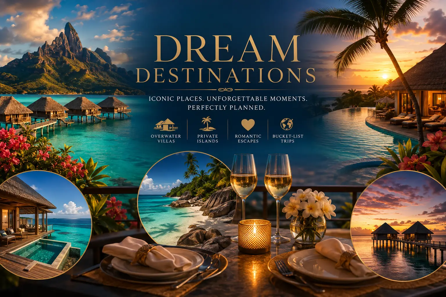 Dream destinations travel guides collage with Bora Bora, Fiji, Maldives, Tahiti, Seychelles, overwater villas, turquoise lagoons, luxury resorts, and Sehlmeyer Travel planning