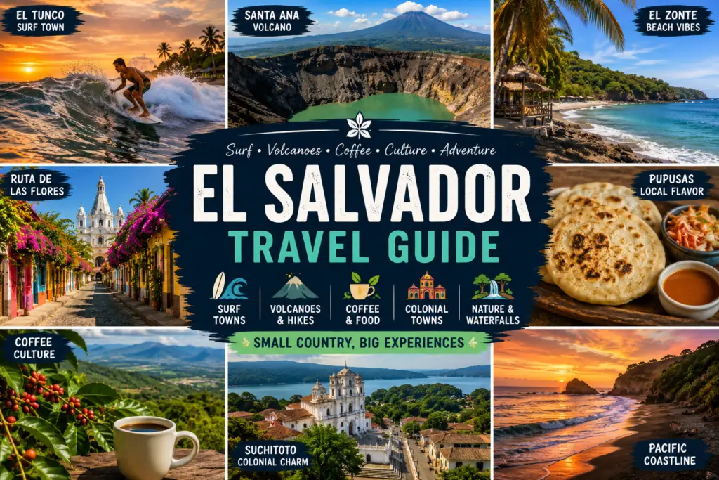 El Salvador travel collage with El Tunco surfing El Zonte beach Santa Ana Volcano Ruta de las Flores coffee towns pupusas and Pacific coastline