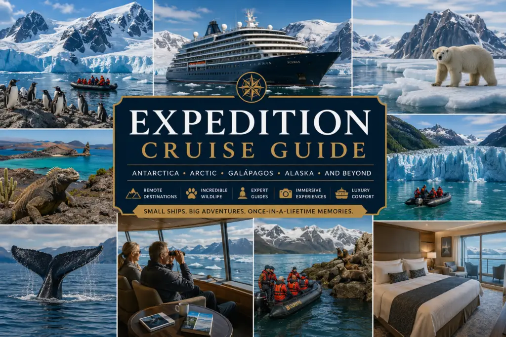 Premium expedition cruise guide collage with Antarctica icebergs Arctic wildlife Galápagos islands Alaska glaciers Zodiac boats luxury expedition ship and remote destinations
