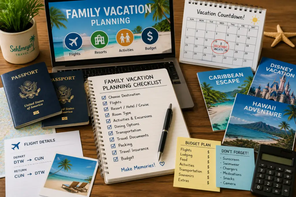 Family vacation planning checklist with laptop calendar passports resort brochures flight details and budget notes on a desk