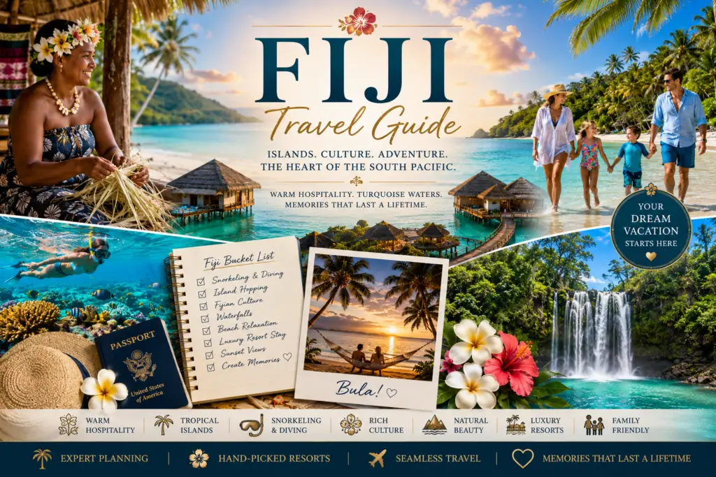 Magical Fiji travel guide collage with turquoise water island resort family beach snorkeling culture waterfalls and premium vacation planning