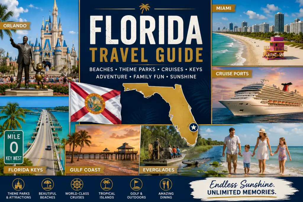 Premium Florida travel guide collage with state map flag Orlando theme parks Miami beaches cruise ship Florida Keys Gulf Coast Everglades and family vacation scenes
