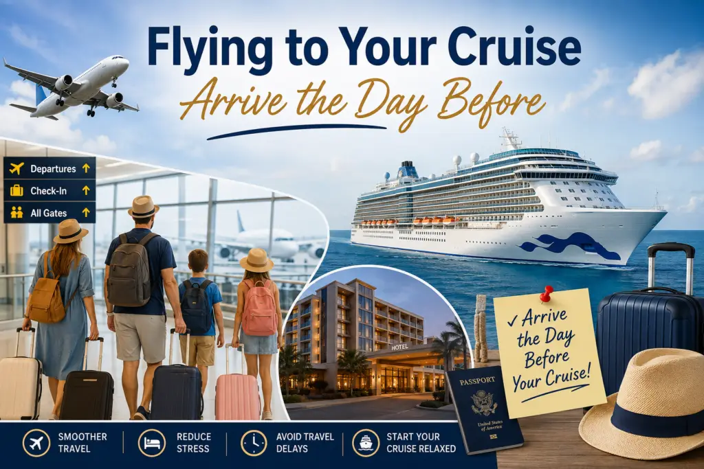 Premium cruise travel planning collage with airplane cruise ship airport hotel luggage family travelers and arrive day before cruise reminder