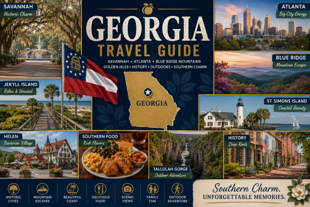 Premium Georgia travel guide collage with state map flag Savannah oak trees Atlanta skyline Blue Ridge Mountains Golden Isles coast Jekyll Island food history and Southern charm