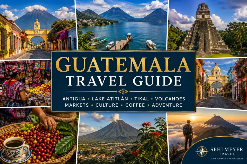 Guatemala travel collage with Antigua Guatemala Lake Atitlán Tikal Mayan ruins volcanoes colorful markets coffee culture and highland scenery