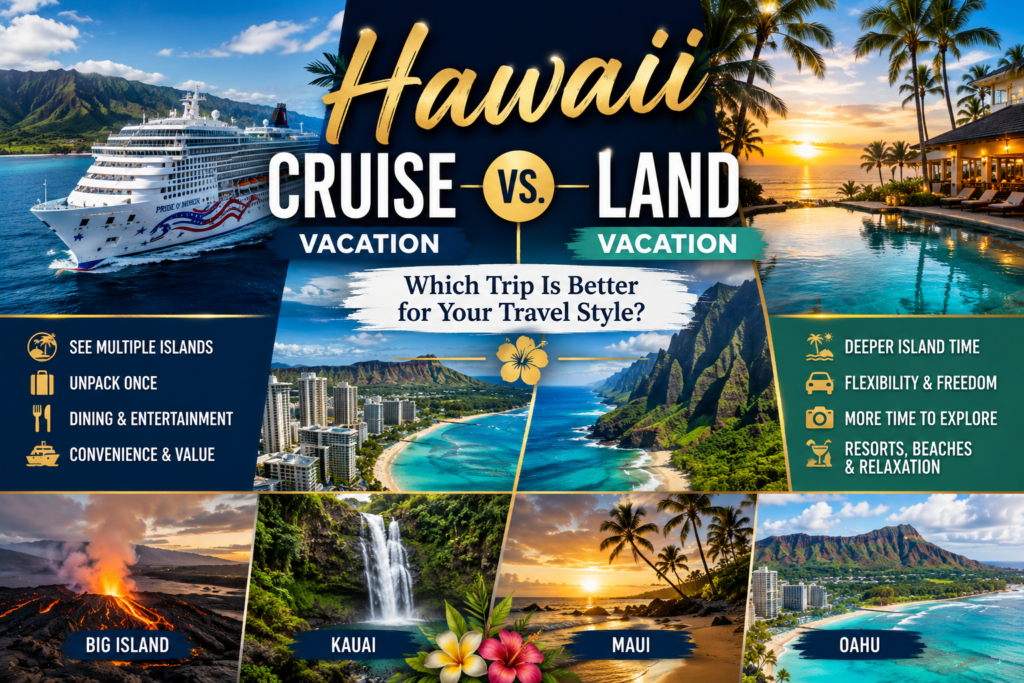 Premium Hawaii cruise vs land vacation comparison collage with cruise ship beaches luxury resort volcanoes waterfalls Oahu Maui Kauai and Big Island
