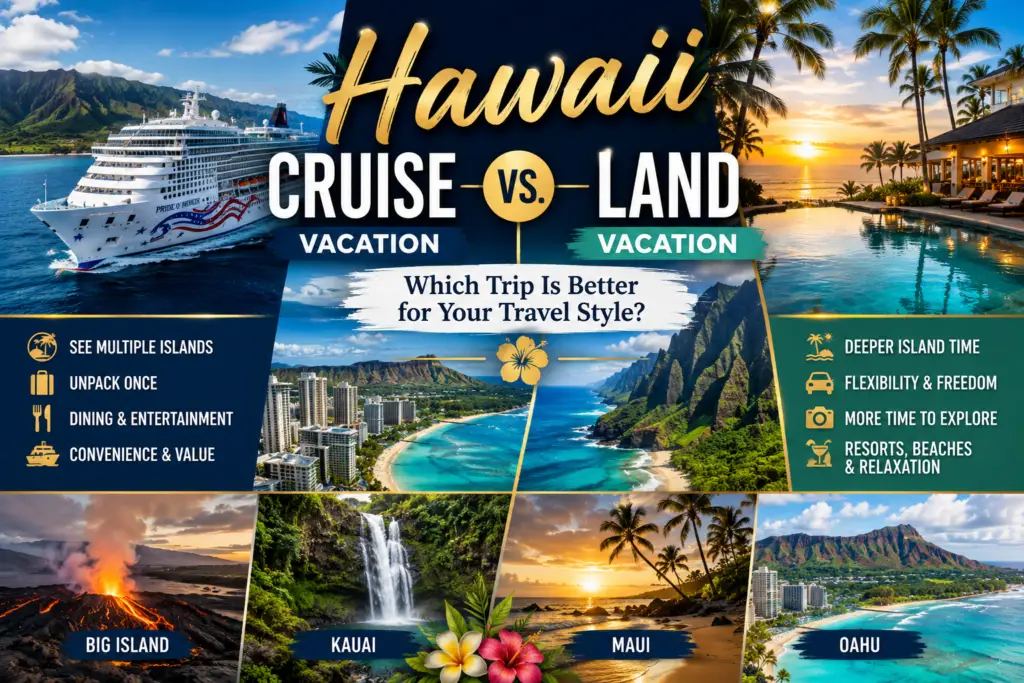 Premium Hawaii cruise vs land vacation comparison collage with cruise ship beaches luxury resort volcanoes waterfalls Oahu Maui Kauai and Big Island