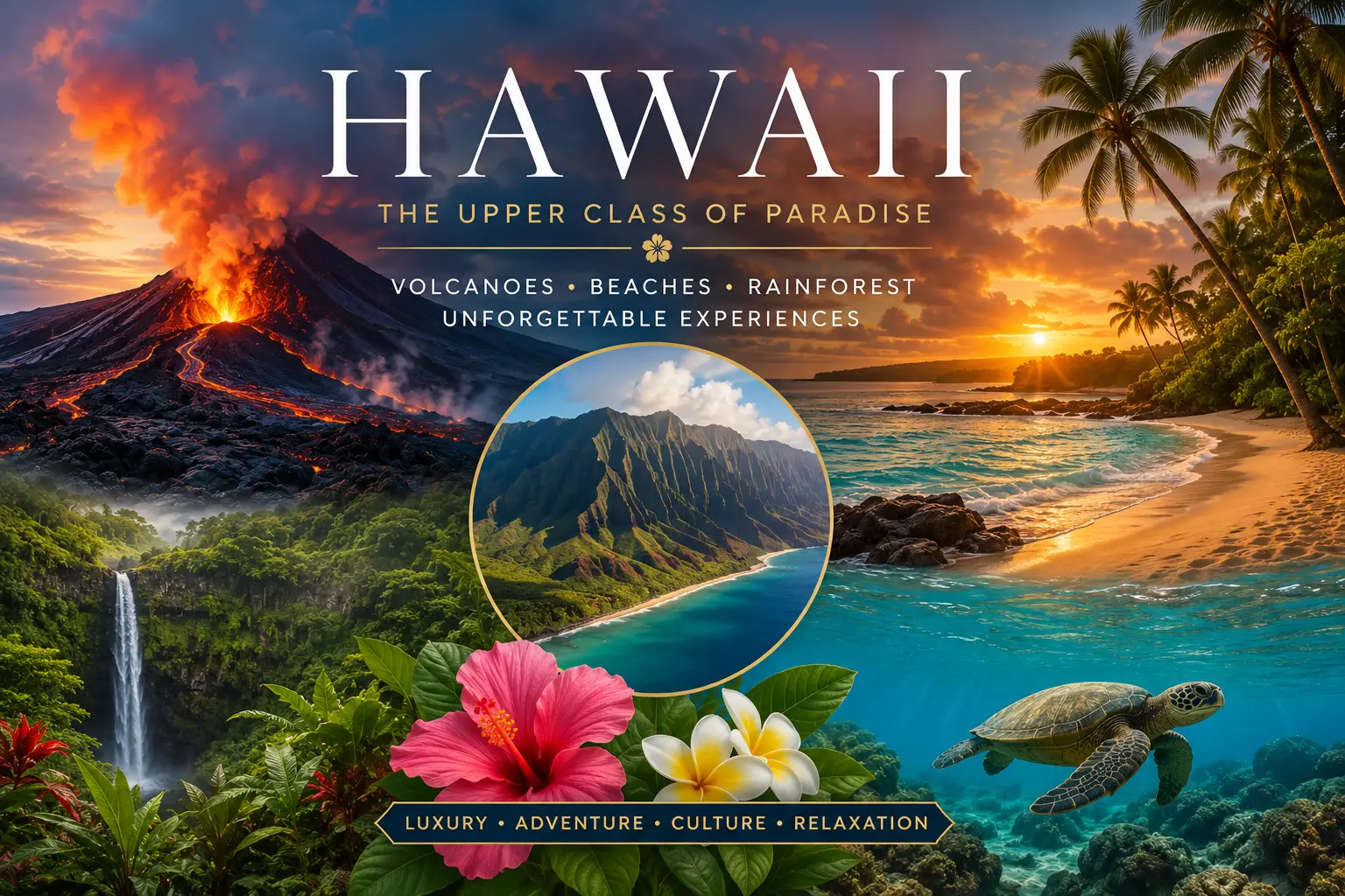 Hawaii travel guides collage with volcanoes, beaches, rainforest, waterfalls, Oahu, Maui, Kauai, the Big Island, luxury resorts, and Sehlmeyer Travel planning for an upper-class Hawaii vacation