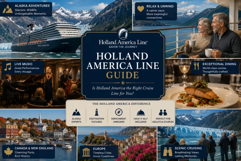 Premium Holland America Line guide collage with classic cruise ship Alaska glaciers live music dining Have It All couples Canada New England Europe and relaxed destination cruising
