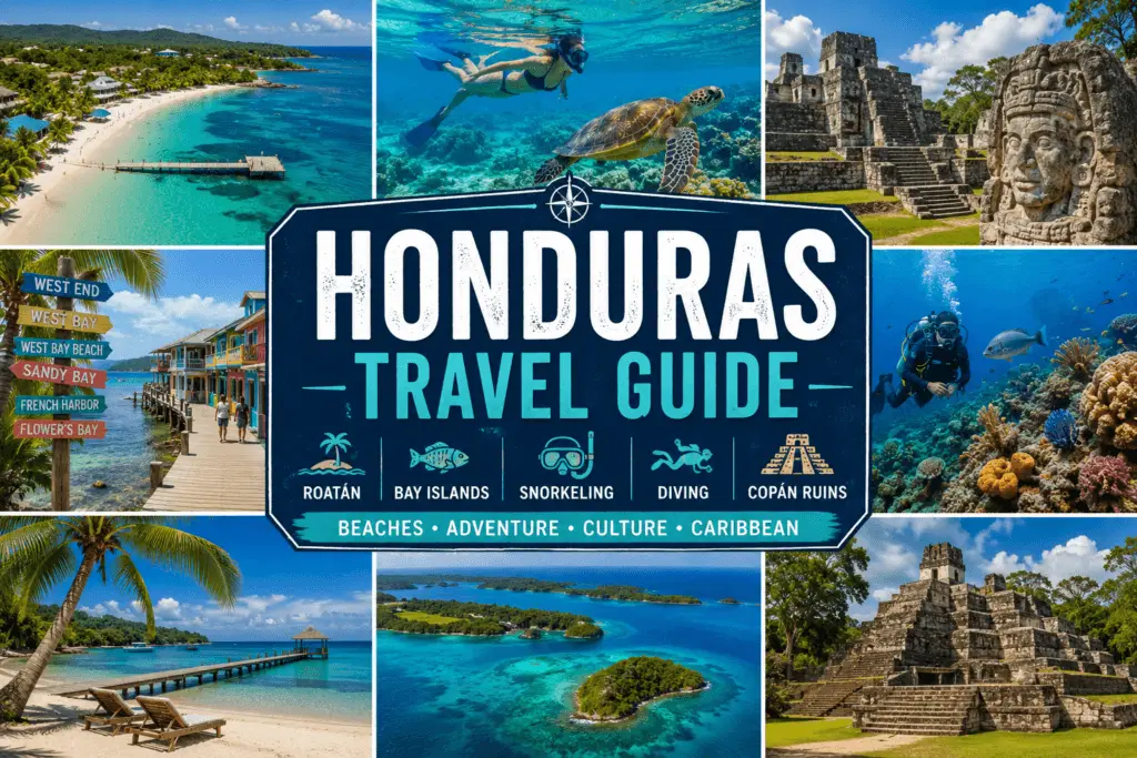 Honduras travel collage with Roatán beaches Bay Islands snorkeling diving coral reef Copán Mayan ruins and Caribbean water