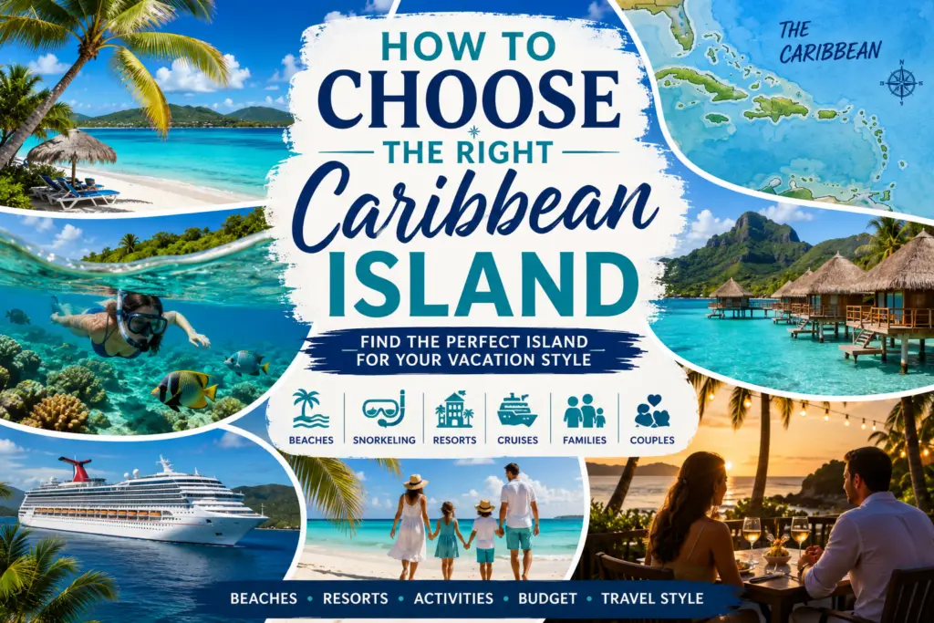 Caribbean travel collage with turquoise beaches island map snorkeling resorts cruise ship family vacation couple getaway and tropical scenery