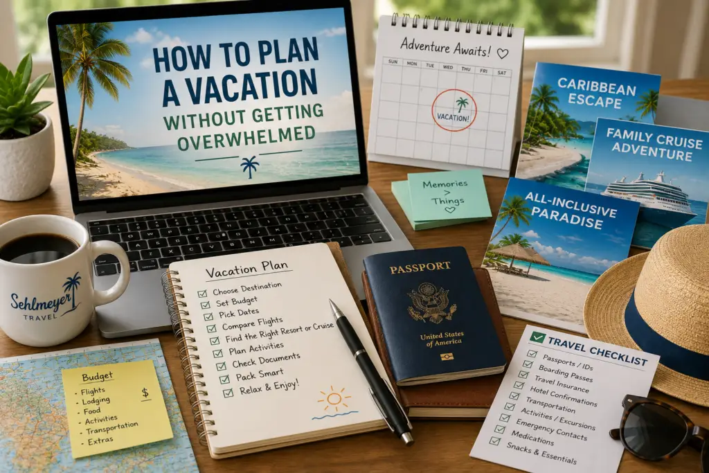 Calm vacation planning desk with laptop calendar passport checklist resort brochures and coffee for a stress-free travel planning guide