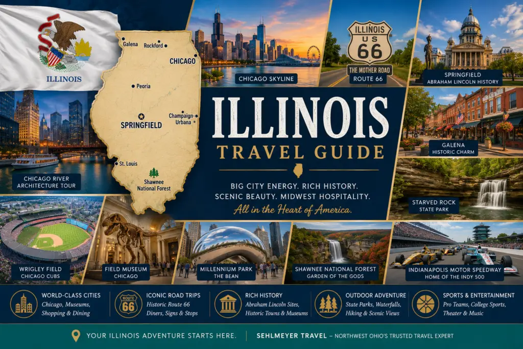 Premium Illinois travel guide collage with state map flag Chicago skyline Route 66 Springfield Galena Starved Rock Shawnee National Forest sports museums and Midwest road trips