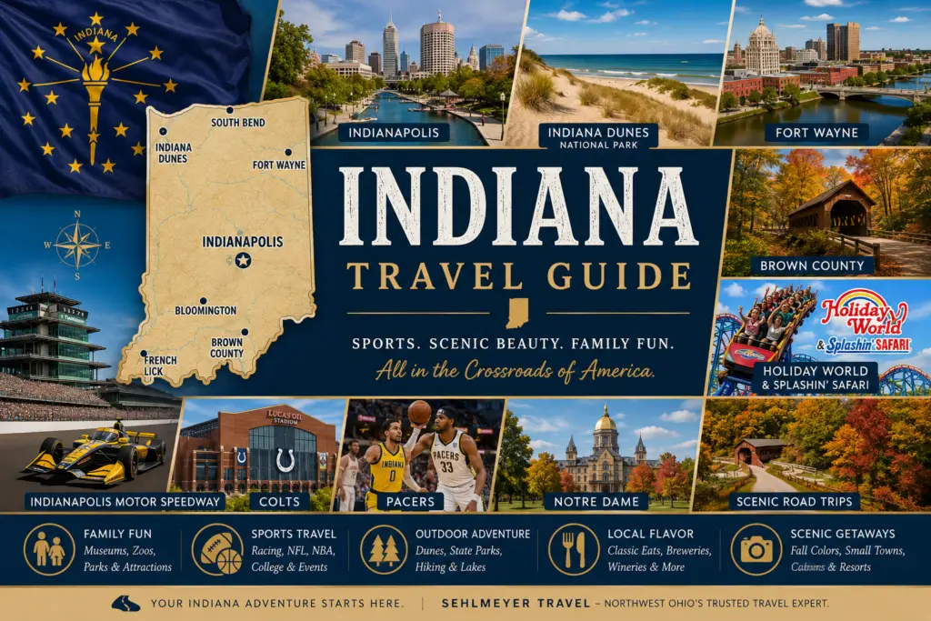 Premium Indiana travel guide collage with state map flag Indianapolis Indiana Dunes Fort Wayne Brown County Holiday World Notre Dame racing sports and Midwest road trips