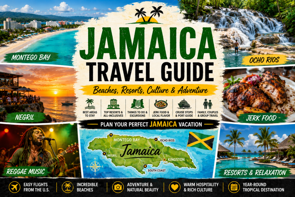 Jamaica travel collage with Montego Bay beaches Negril sunsets Ocho Rios waterfalls reggae music jerk food resorts island map and Caribbean scenery