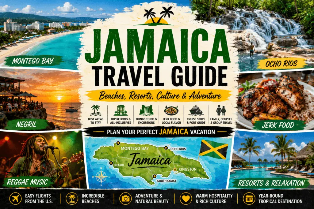 Jamaica travel collage with Montego Bay beaches Negril sunsets Ocho Rios waterfalls reggae music jerk food resorts island map and Caribbean scenery