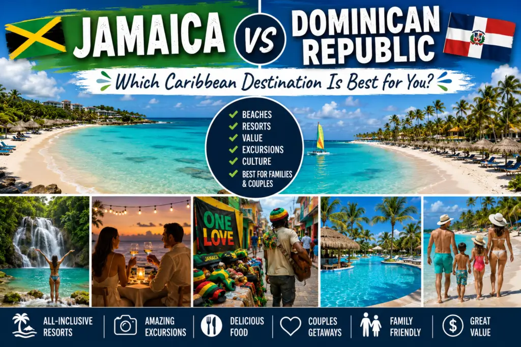 Jamaica vs Dominican Republic comparison collage with all-inclusive resorts beaches waterfalls Punta Cana Jamaica culture couples and families