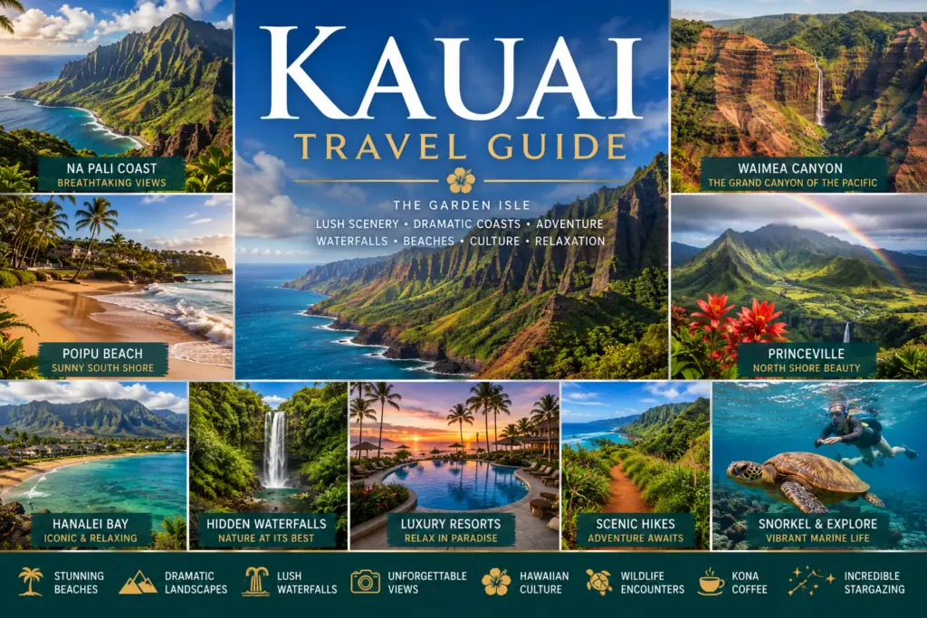 Premium Kauai travel guide collage with Na Pali Coast Waimea Canyon Poipu Princeville Hanalei beaches waterfalls resorts hiking and lush scenery